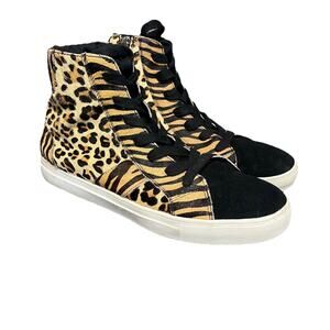 Steve Madden High Top Sneakers Men 9 Tan Black Leopard Print Side Zip Streetwear